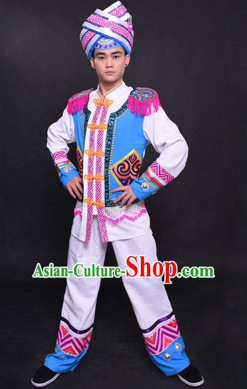 Chinese Chuang Group the Zhuang Nationality Folk Dance Ethnic Wear China Clothing Costume Ethnic Dresses Cultural Dances Costumes Complete Set for Men Boys