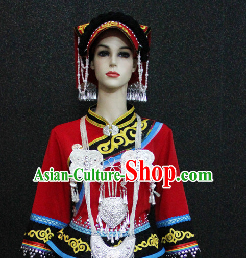 Chinese Zhuang Nationality Folk Dance Ethnic Wear China Clothing Costume Ethnic Dresses Cultural Dances Costumes Complete Set for Women Girls