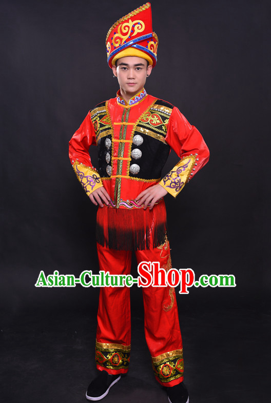 Chinese Chuang Group the Zhuang Nationality Folk Dance Ethnic Wear China Clothing Costume Ethnic Dresses Cultural Dances Costumes Complete Set for Men Boys