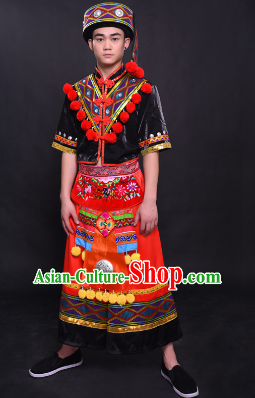Chinese Yao Nationality Folk Dance Ethnic Wear China Clothing Costume Ethnic Dresses Cultural Dances Costumes Complete Set for Men Boys