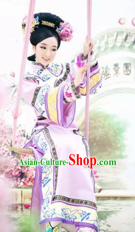 Qing Dynasty Chinese Embroidered Empress Robe and Headwear Complete Set for Women