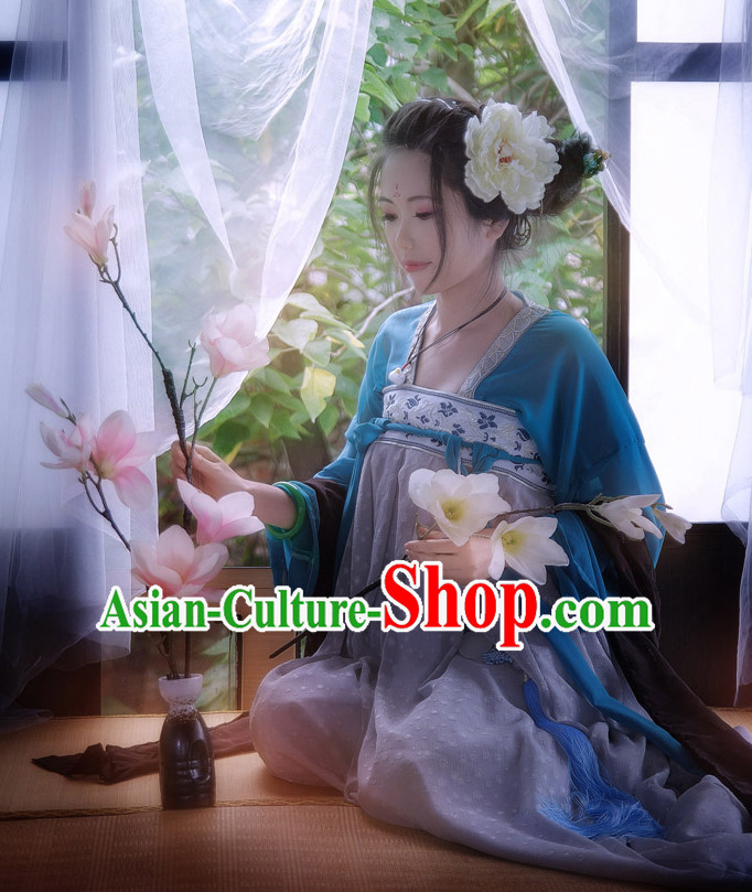 Traditional Chinese Tang Dynasty Hanfu Suit Clothing Dresses Skirt and Hair Jewelry Complete Set for Women