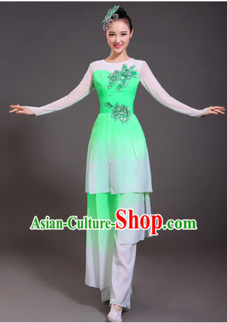 Chinese Spring Light Green Dance Costumes and Headwear Complete Set for Women