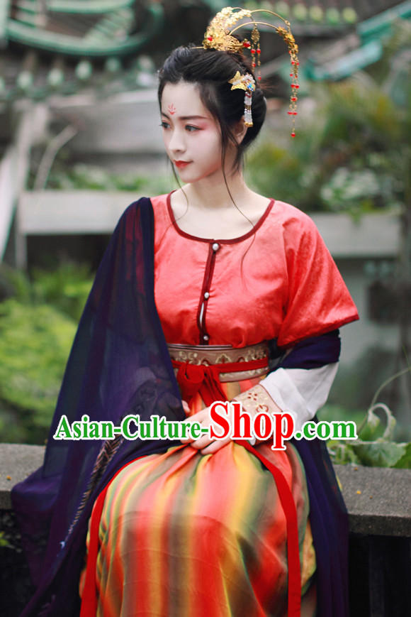 Chinese Traditional Dress Hanfu Costume China Kimono Robe Ancient Chinese Clothing National Costumes Gown Wear and Head Jewelry for Women Girls