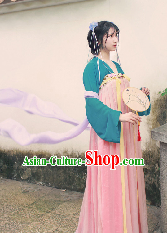 Chinese Traditional Dress Hanfu Costume China Kimono Robe Ancient Chinese Clothing National Costumes Gown Wear and Head Jewelry for Women Girls