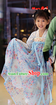 Chinese Traditional Dress Hanfu Costume China Kimono Robe Ancient Chinese Clothing National Costumes Gown Wear and Head Jewelry for Kids Children Girls