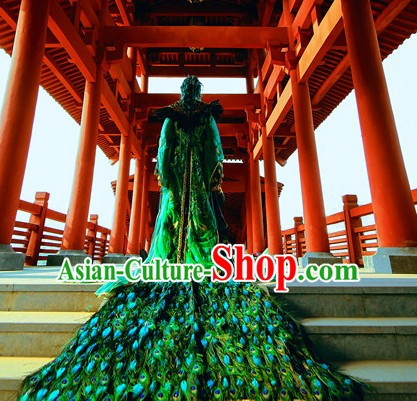 Chinese Traditional Empress Emperor Peacock Dress Hanfu Costume China Kimono Robe Ancient Chinese Clothing National Costumes Gown Wear and Headwear Complete Set for Women