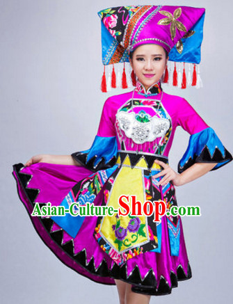 Chinese Ethnic Dance Costumes Traditional Chinese Clothing Dress Dancewear Dance Clothes Outfits Dresses and Hat Complete Set for Women