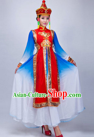 Chinese Ethnic Mongolian Dance Costumes Traditional Chinese Clothing Dress Dancewear Dance Clothes Outfits Dresses and Hat Complete Set for Women