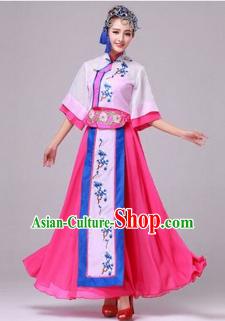 Chinese Fan Dance Costumes Traditional Chinese Clothing Dress Dancewear Dance Clothes Outfits Dresses and Hat Complete Set for Women