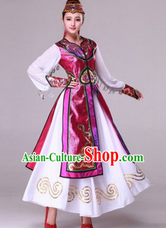 Chinese Mongolian Dance Costumes Traditional Chinese Clothing Dress Dancewear Dance Clothes Outfits Dresses and Hat Complete Set for Women