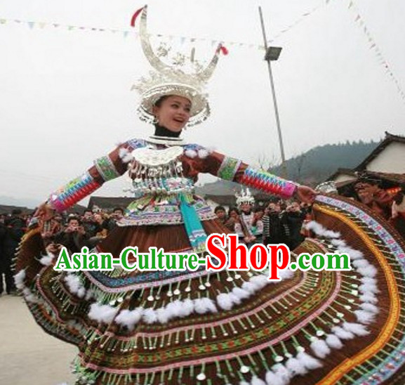 Chinese Miao Folk Dance Ethnic Dresses Traditional Wear Clothing Cultural Dancing Costume Complete Set for Women