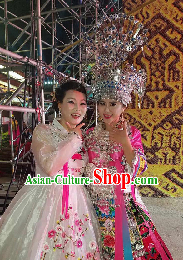 Chinese Miao People Folk Dance Ethnic Dresses Traditional Wear Clothing Cultural Dancing Costume Complete Sets for Women