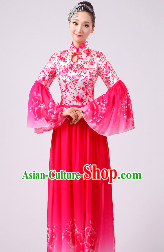 Chinese Theater Traditional Dance Ribbon Dancing Long Sleeve Leotard China Fan Dance Costume Complete Set