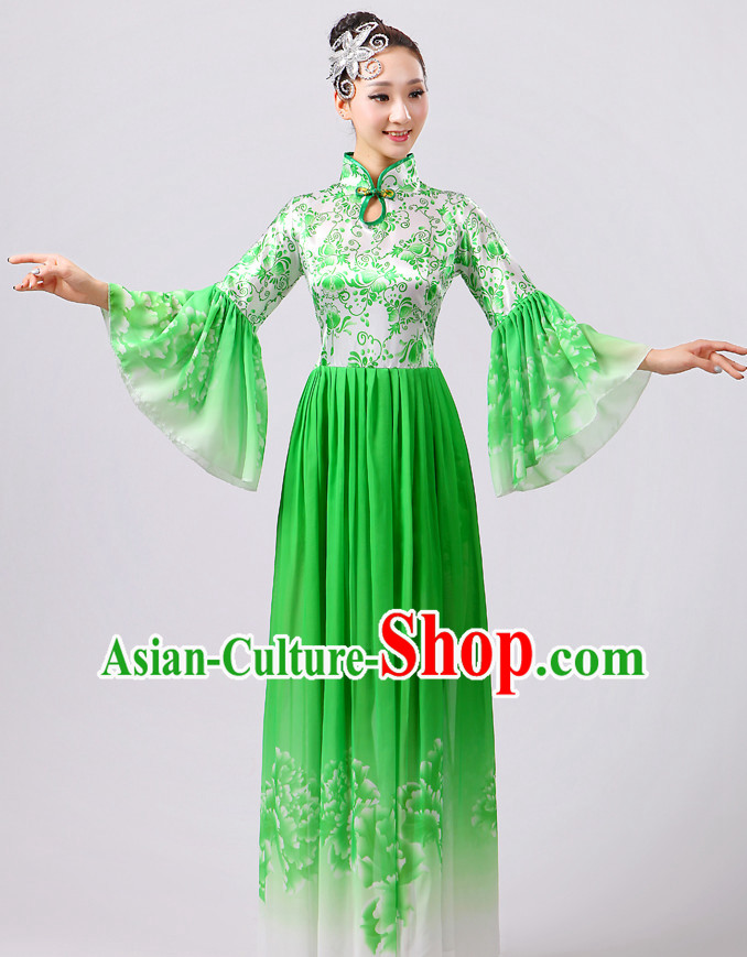 Green Chinese Theater Traditional Dance Ribbon Dancing Long Sleeve Leotard China Fan Dance Costume Complete Set