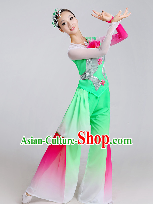 Chinese Theater Traditional Dance Ribbon Dancing Long Sleeve Leotard China Fan Dance Costume Complete Set