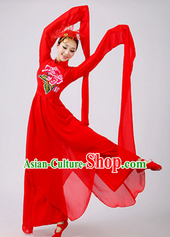 Chinese Theater Traditional Dance Ribbon Dancing Long Sleeve Leotard China Fan Dance Costume Complete Set for Women Girls