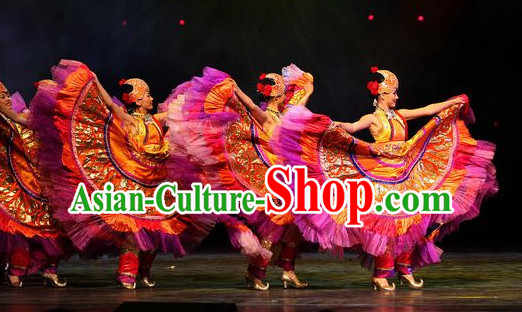 Chinese Folk Ethnic Dance Costume Traditional Minority Clothing National Costumes and Headwear Complete Set for Women