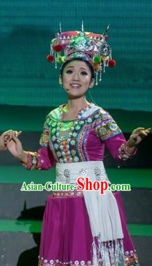 Chinese Folk Ethnic Dance Costume Traditional Minority Clothing National Costumes and Headwear Complete Set for Women