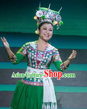 Chinese Folk Ethnic Dance Costume Traditional Minority Clothing National Costumes and Headwear Complete Set for Women