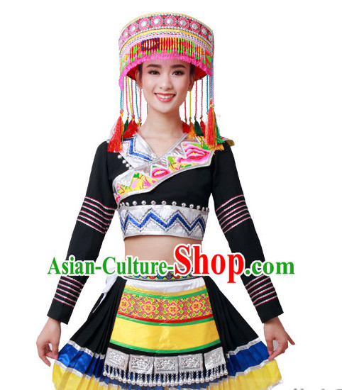 Chinese Miao People Folk Dance Ethnic Dresses Traditional Wear Clothing Cultural Dancing Costume Complete Sets for Women