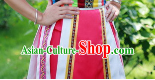 Chinese Zhuang People Folk Dance Ethnic Dresses Traditional Wear Clothing Cultural Dancing Costume Complete Sets for Women