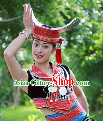 Chinese Zhuang People Folk Dance Ethnic Dresses Traditional Wear Clothing Cultural Dancing Costume Complete Sets for Women