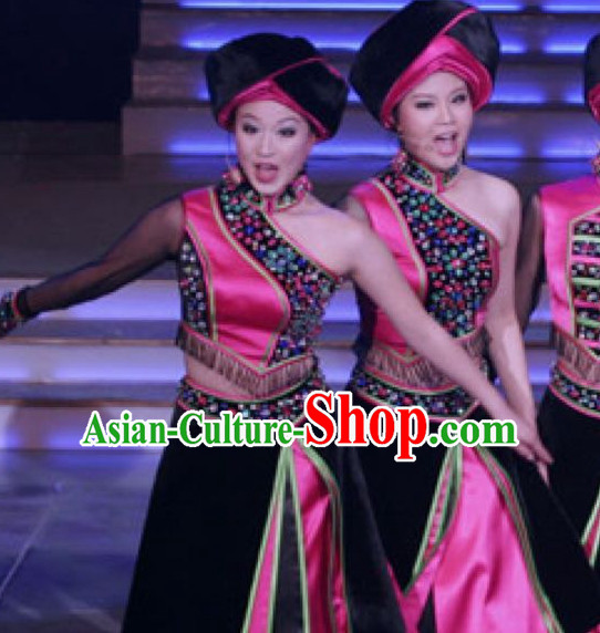 Chinese Zhuang People Folk Dance Ethnic Dresses Traditional Wear Clothing Cultural Dancing Costume Complete Sets for Women