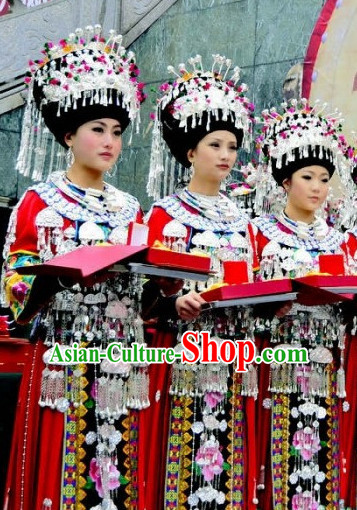 Chinese Miao People Folk Dance Ethnic Dresses Traditional Wear Clothing Cultural Dancing Costume Complete Sets for Women