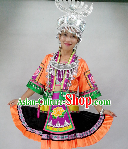 Chinese Miao People Folk Dance Ethnic Dresses Traditional Wear Clothing Cultural Dancing Costume Complete Sets for Women