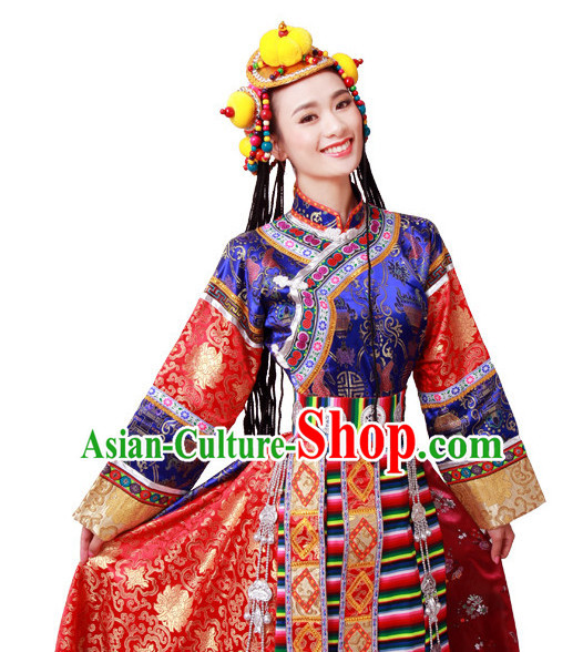 Chinese Tibetan Folk Dance Dress Clothing Dresses Costume Ethnic Dancing Cultural Dances Costumes for Women Girls