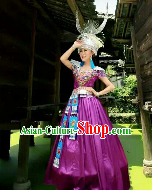 Traditional Chinese Hmong Singer Costumes Miao Dress Asian Ethnic Clothing National Costume Attire and Silver Hat Complete Set for Women