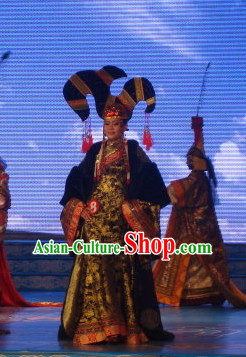 Traditional Mongolian Clothing Ancient Ethnic Queen Dresses and Hat Complete Set for Women