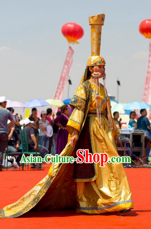 Traditional Mongolian Clothing Ancient Ethnic Queen Dresses and Hat Complete Set for Women