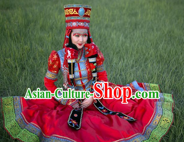 Traditional Mongolian Clothing Ancient Ethnic Queen Wedding Garment and Hat Complete Set for Women