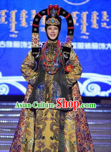 Top Traditional Mongolian Clothing Ancient Ethnic Queen Garments and Hat Complete Set for Women