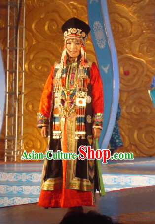 Top Traditional Mongolian Clothing Ancient Ethnic Queen Garments and Hat Complete Set for Women