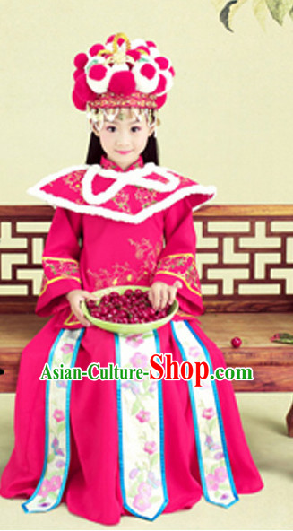 Chinese Traditional Stage Performance Costumes and Hat Complete Set for Kids