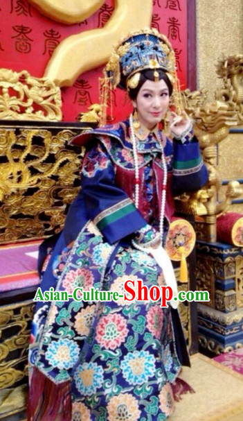 Traditional Chinese Qing Dynasty Imperial Palace Queen Costumes and Hair Accessories Complete Set for Women Girls Kids Adults