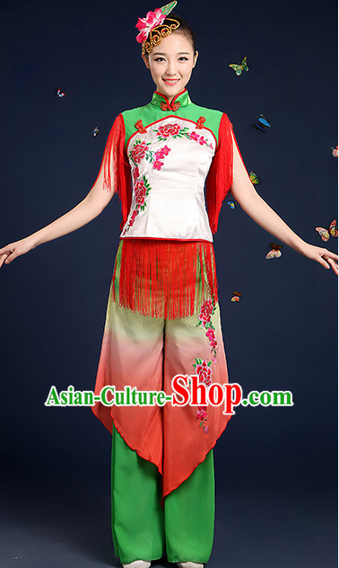 Chinese Folk Fan Dance Costumes and Headpieces Complete Set for Women