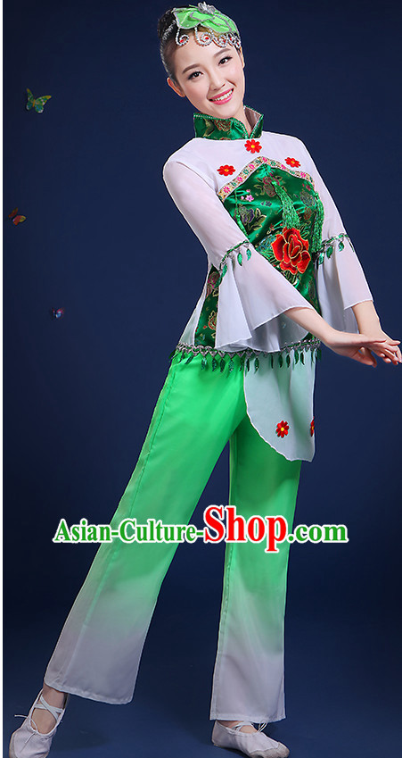 Chinese Folk Fan Dance Costumes and Headpieces Complete Set for Women