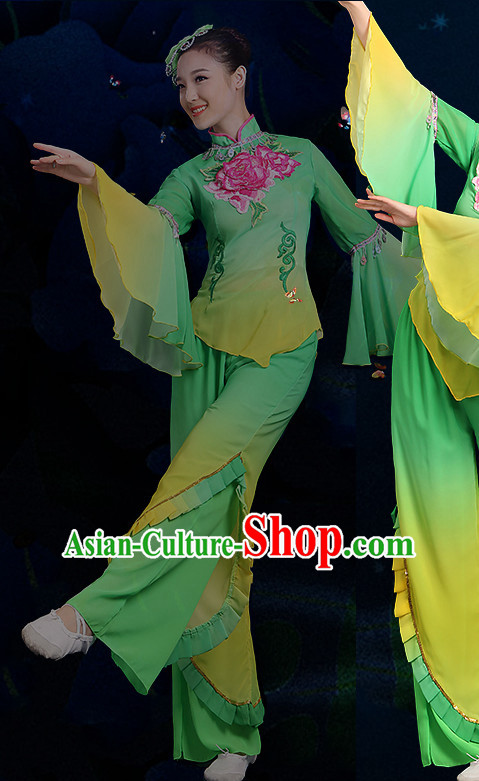 Chinese Folk Fan Dance Costumes and Headpieces Complete Set for Women