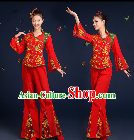 Chinese Folk Fan Dance Costumes and Headpieces Complete Set for Women