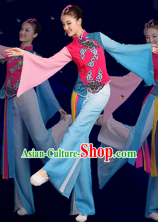 Chinese Folk Fan Dance Costumes and Headpieces Complete Set for Women