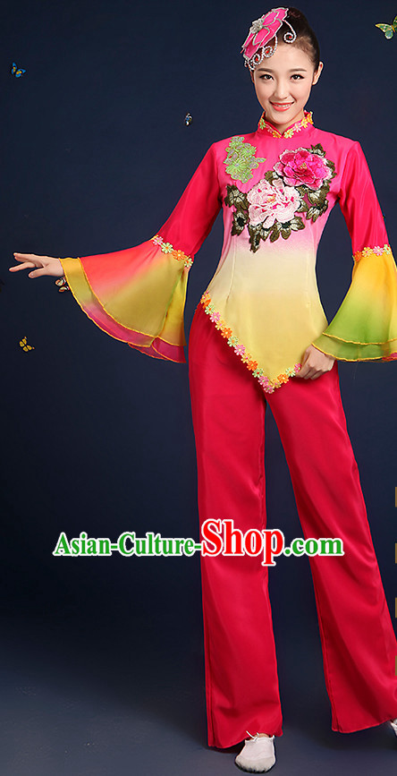 Chinese Folk Fan Dance Costumes and Headpieces Complete Set for Women