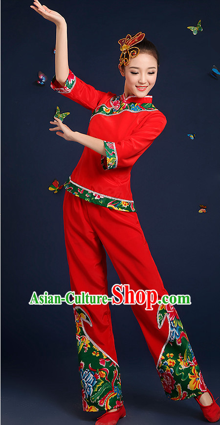 Chinese Folk Fan Dance Costumes and Headpieces Complete Set for Women