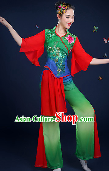 Chinese Folk Fan Dance Costumes and Headpieces Complete Set for Women