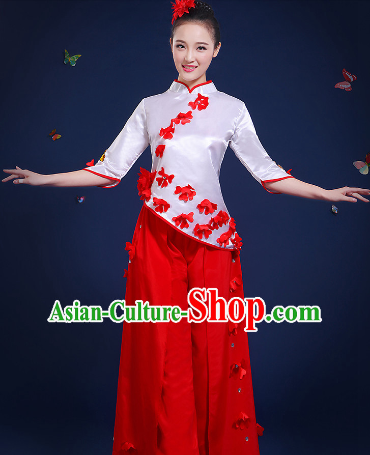 Chinese Folk Fan Dance Costumes and Headpieces Complete Set for Women