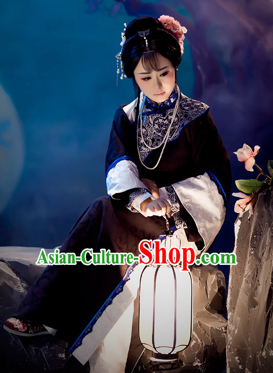 Chinese Qing Dynasty Hanfu Clothing Mandarin Dresses and Hair Accessories Complete Set for Women