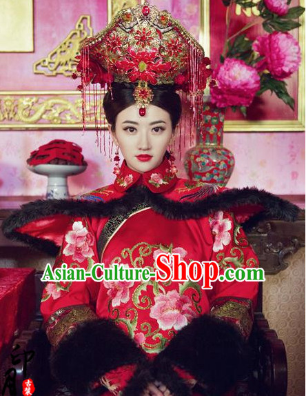 Chinese Empress Manchu Women's Wedding Bridal Clothing _ Apparel Chinese Traditional Dress Theater and Reenactment Costumes and Headwear Complete Set